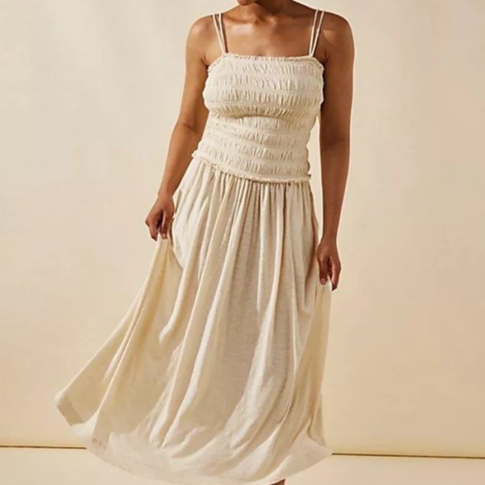 Free People Beach Sienna Midi Dress Smocked Solid  Natural Cotton